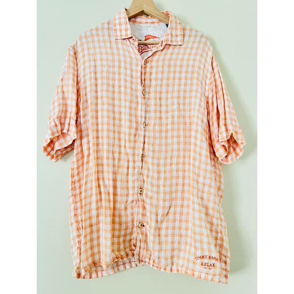 Tommy Bahama Linen Orange White Check Men's Printed Button-Up Shirt Top Medium - Picture 1 of 5